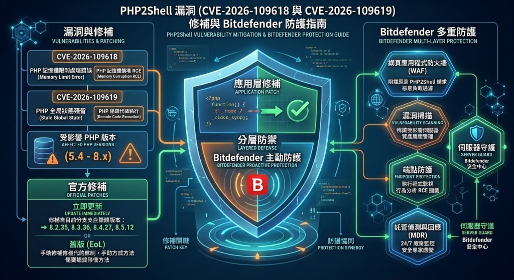 PHP2Shell 漏洞 CVE-2026-109618 與 CVE-2026-109619 修補及 Bitdefender 防護